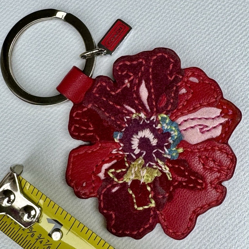 Coach Red Poppy Flower Signature Bag Charm Leather Keychain Fob VTG Y2K - Picture 2 of 16